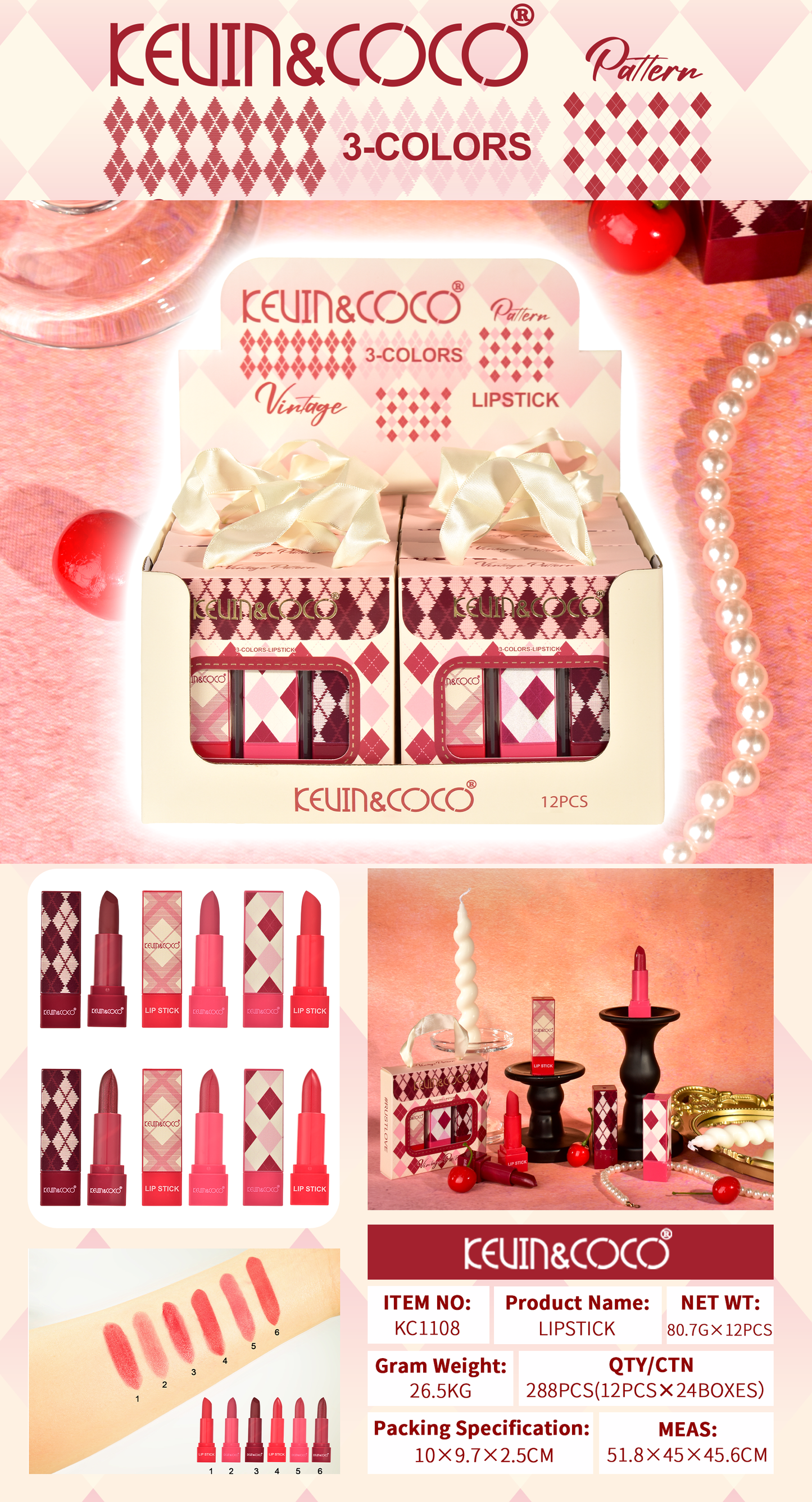 Set de Labial en Barra Vintage 3 Piezas – Kevin&Coco REF:KC1108