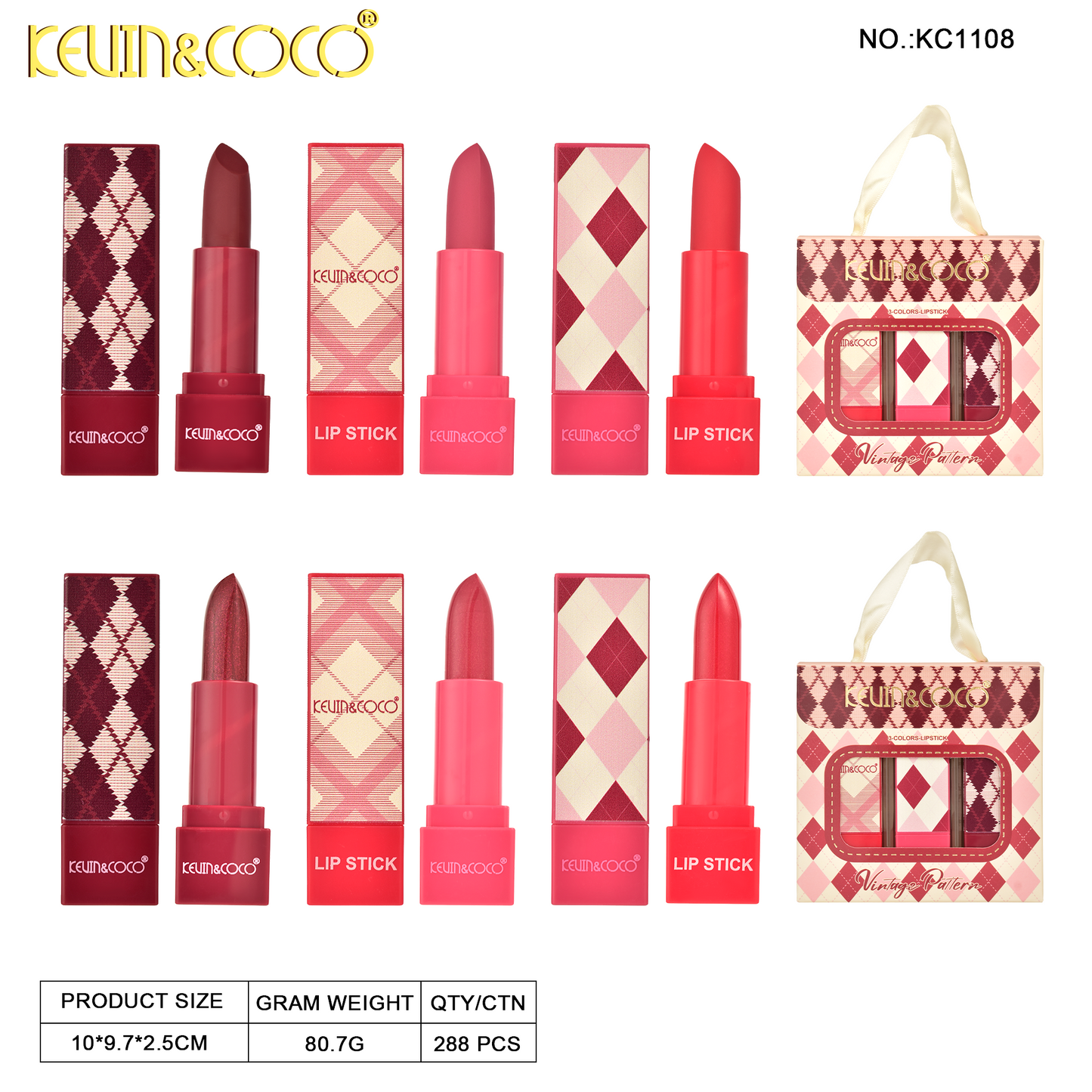 Set de Labial en Barra Vintage 3 Piezas – Kevin&Coco REF:KC1108