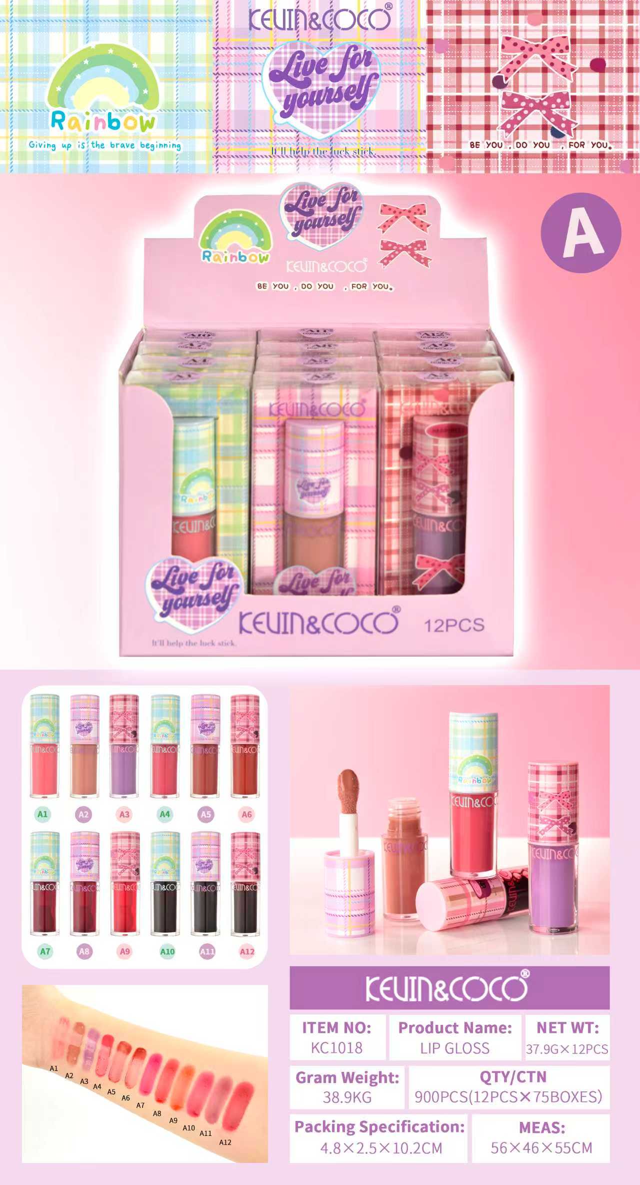 Brillo Labial Diseño de Cuadros Kawaii KEVIN&COCO REF:KC1018